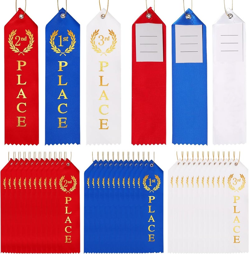 Berenlu 36PCS Award Ribbons, Medal Ribbons for 1st, 2nd, 3rd Place, Event Card & Rope Included, Perfect for Competitions, Sports Events, School Challenges, Vibrant Blue, Red, and White - Image 1